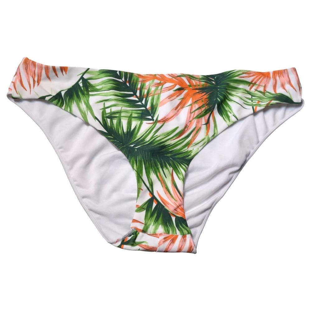 Raisins Fiesta Pant Bikini Bottom L White Green Coral Palm Print Hipster Resort